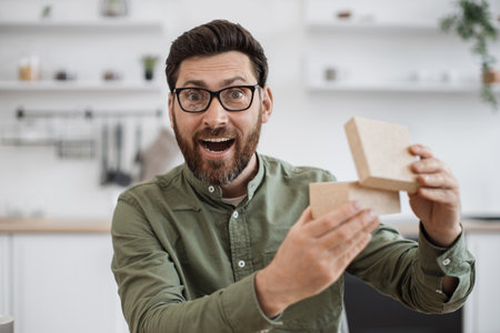 Man experiencing pleasant shock while unpacking parcel boxの写真素材