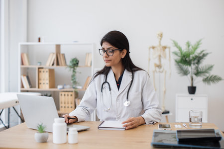 Hindu female doctor working in front of laptop at deskの写真素材