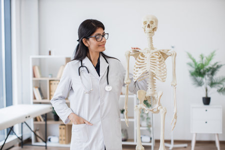 Doctor standing near model of human body in private clinicの写真素材