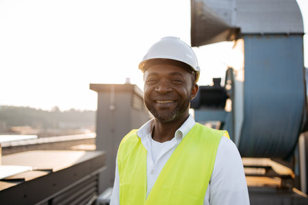 Black male worker smiling while standing in roof of factory