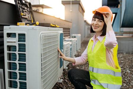 Woman adjusting hard hat while kneeling near air conditionerの写真素材