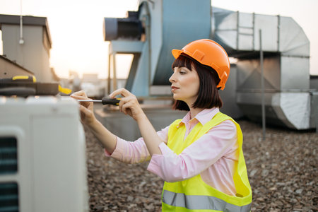 Focused female tightening bolt on cooling system outdoorsの写真素材