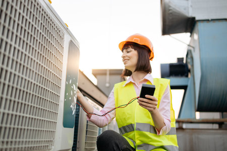 Woman holding tester and taking readings of cooling systemの写真素材