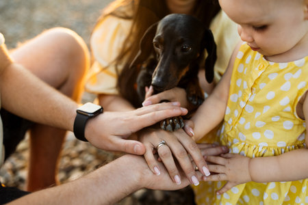 Close up of family stacking hands in circle with dog pawの写真素材