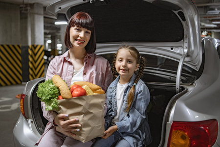 Mother and daughter seated in trunk of modern car with paper bag with vegetables