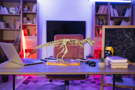 Nature education concept - assortment of supplies, skeleton of dinosaur.の写真素材