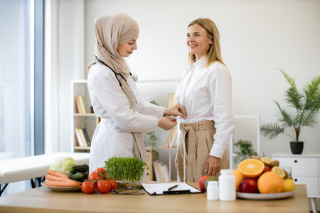 Muslim woman in doctors coat and hijab finding out waist length of female.の写真素材