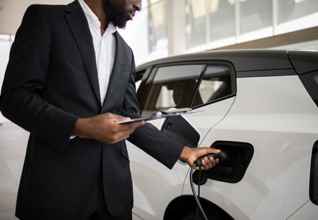 Dealer sells electric SUV in car dealership showroomの写真素材