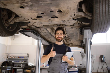 Mechanic under car lift giving thumbs up in garageの写真素材