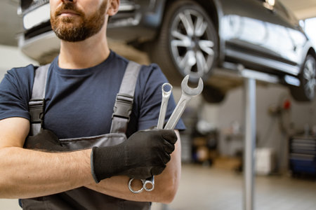 Mechanic holding wrenches in auto repair workshopの写真素材