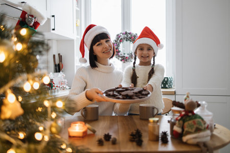 Mother and daughter enjoying homemade cookies in festive kitchenの写真素材