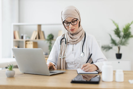 Young Muslim female doctor wearing hijab conducting video call with patient, writing prescription. Professional medical consultation in modern office. Technology enhancing communication in healthcare.の写真素材
