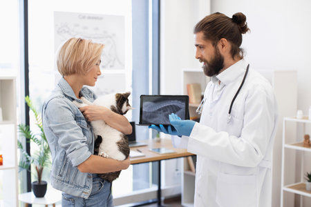 Veterinarian presents x-ray results to young female pet owner holding cat at clinic. Interaction highlights professional healthcare, client consultation, animal care, and human-animal bond.の写真素材