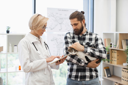 Female veterinarian discussing treatment plan with adult bearded man holding cat in clinic. Medical...