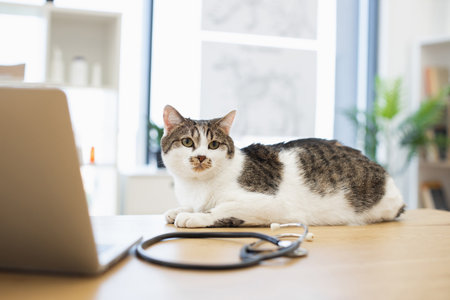 Domestic cat lying on table in veterinary clinic environment with stethoscope and equipment. Captures concept of pet healthcare, veterinary care, and animals in professional medical settings.の写真素材