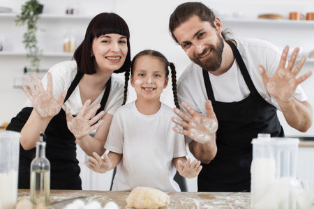 Caucasian parents with young daughter baking in kitchen, enjoying playful moment with flour-covered...