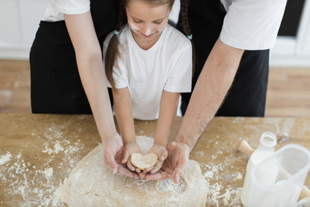 Caucasian family including adult and child preparing cookies in kitchen holding heart shape cutout together. Image highlights bonding, togetherness, and fun in culinary activities.の写真素材