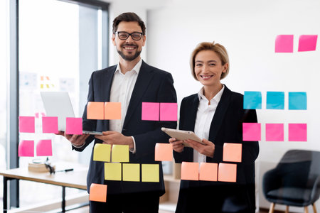 Two adult business professionals using sticky notes on glass board for brainstorming session. Concept of teamwork collaboration and strategizing in office setting featuring multicultural human modelsの写真素材