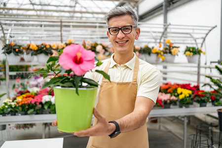 A Caucasian man in a florist shop offers a blooming flower pot with a smile, surrounded by plants.の写真素材
