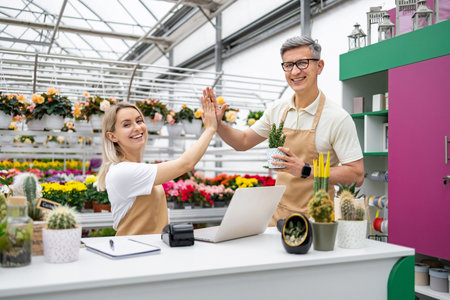 Two florists celebrating a successful sale inside their shop. The cheerful scene shows them high-fiving with plants and flowers.の写真素材