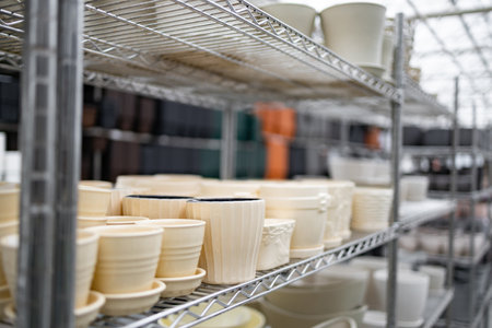 Shelves in a plant shop displaying various flowerpots in different sizes and designs, all ready for sale.の写真素材