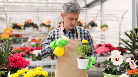 A man in an apron sprays a potted plant with a yellow spray bottle in a greenhouse surrounded by flowers.の写真素材