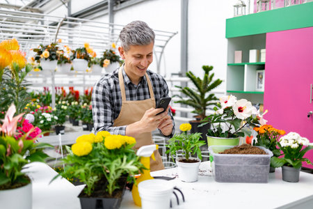 A smiling florist in an apron using a smartphone in a plant shop or greenhouse, surrounded by vibrant flowers and plants.の写真素材