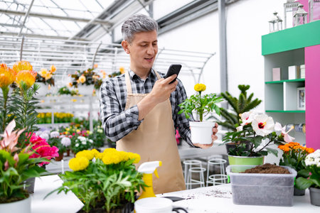 A man in a checkered shirt and apron uses his phone to take a picture of a potted marigold plant in a greenhouse setting.の写真素材
