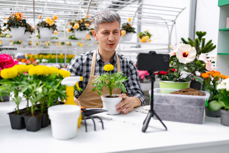 A man in a greenhouse demonstrates gardening techniques, holding a potted plant while recording a video.の写真素材