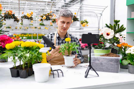 A man shows a plant while filming a video in a greenhouse. Flowers and gardening tools are on a white table.の写真素材