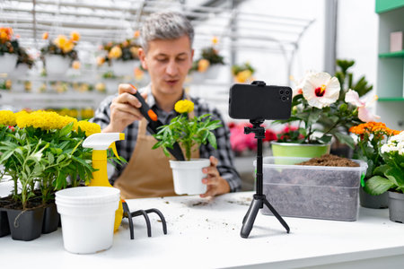 A man in an apron filming a gardening tutorial with plants and flowers.の写真素材