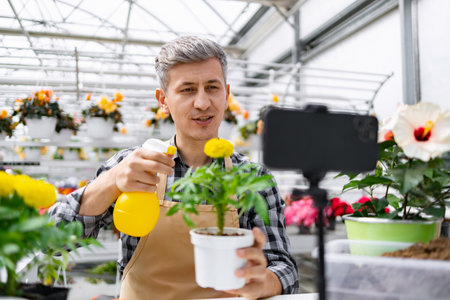 A man sprays a potted plant while recording a video in a greenhouse. Other plants and flowers are also visible.の写真素材