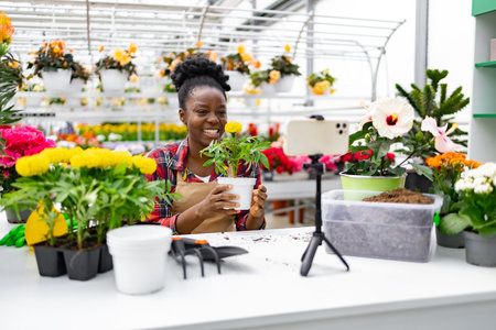 An African American woman records a video on her smartphone while smiling and showing a plant at a greenhouse.の写真素材