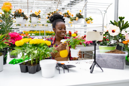 An African American woman smiles while spraying a plant, with a phone recording. Surrounded by various colorful flowers.の写真素材