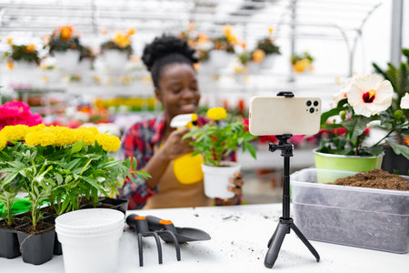 An African American woman tending to plants in a greenhouse, using her phone for a live video.の写真素材