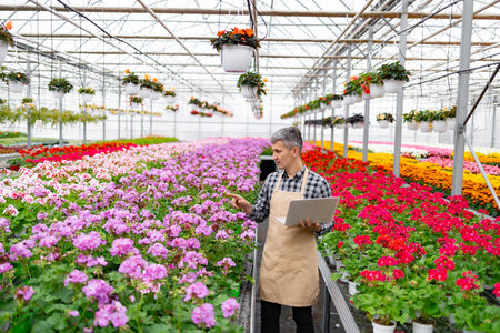 A gardener in a greenhouse with rows of vibrant geraniums, using a laptop to monitor their progress.の写真素材