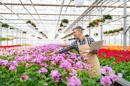 A man in a greenhouse examines flowers, holding a laptop, surrounded by vibrant blooms.の写真素材
