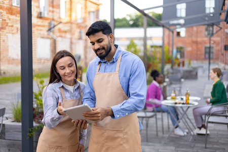Two restaurant employees reviewing a tablet outdoors, smiling while discussing customer orders in a cafe setting.の写真素材