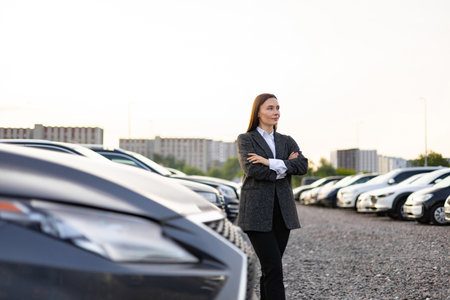 A woman in a business suit stands confidently among parked cars, possibly at a dealership.の写真素材
