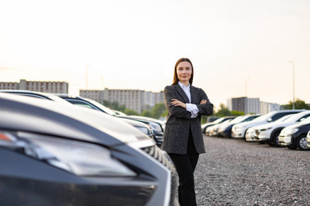 A confident woman stands at a car dealership, possibly selling or buying a vehicle. She exudes professionalism, set against a backdrop of parked cars.の写真素材