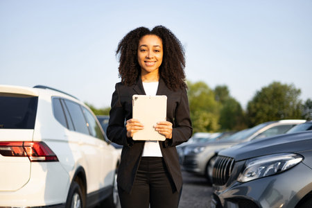 A smiling African American woman holding a tablet stands in a car dealership, surrounded by vehicles. She appears to be a salesperson.の写真素材