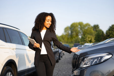 An African American woman in a suit, holding a tablet, presents a car at a dealership, showcasing its features to a potential buyer.の写真素材