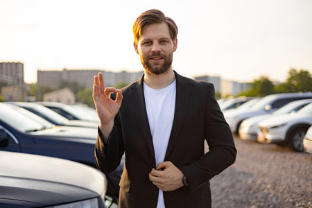 A car salesman gives an ok gesture, standing in front of a car lot, a portrait of a business man in a suit.の写真素材