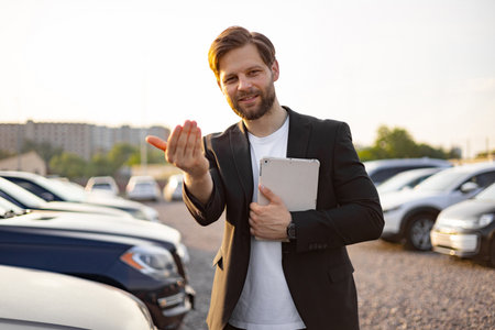 A car salesman gestures to the viewer, inviting them to browse the vehicles on display in the car lot. He is holding a tablet.の写真素材