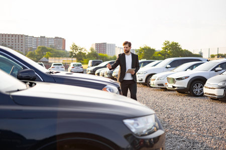 A car salesman in a suit gestures toward a row of cars, holding a tablet, set against a parking lot backdrop.の写真素材