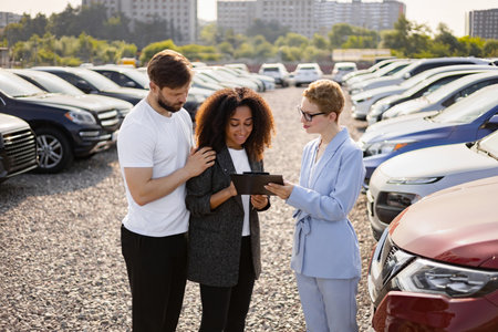 A car salesperson assists a diverse couple with a tablet at a car dealership, surrounded by various...