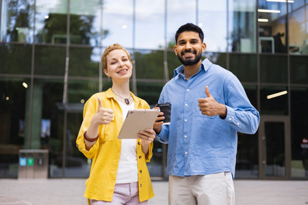 Two colleagues give a thumbs-up, smiling in front of a modern office building, one holding a tablet and coffee.の写真素材