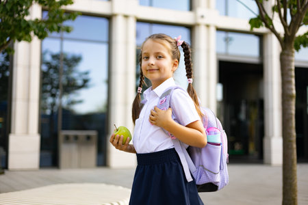 A young schoolgirl with pigtails and a backpack stands on a school yard, holding an apple.の写真素材