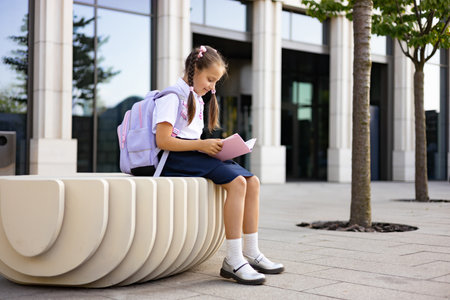 A young schoolgirl with a backpack sits and reads a book on a bench in front of a school building.の写真素材
