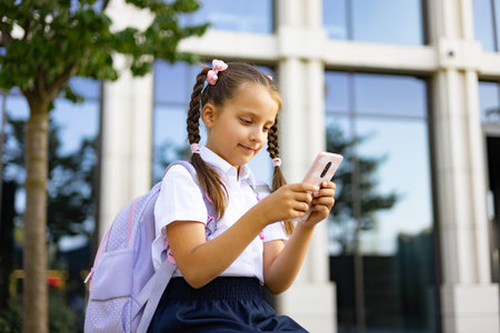 A young girl with pigtails using a cell phone outdoors in a school setting, carrying a backpack.